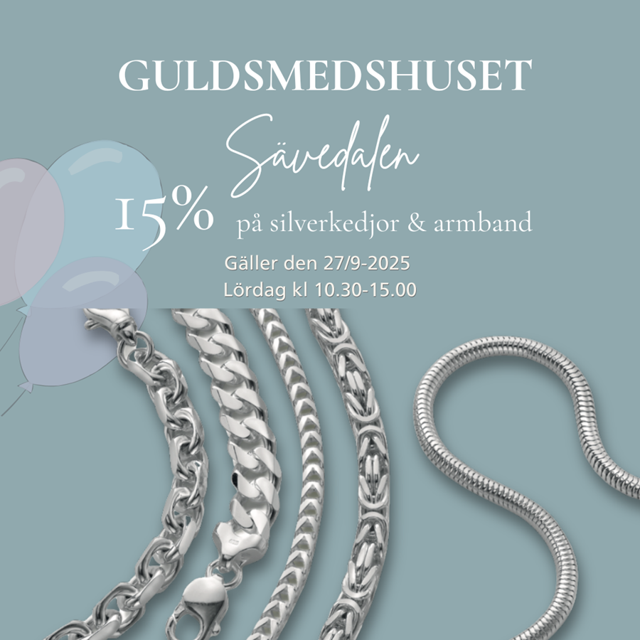 Upplev Höstmarknaden i Sävedalen 27/9! Guldsmedshuset har öppet 10.30–15.00 med erbjudanden: 20% reparationer & puts, 10% guldkedjor, 15% silverkedjor. Upplev Höstmarknaden i Sävedalen 27/9! Guldsmedshuset har öppet 10.30–15.00 med erbjudanden: 20% reparationer & puts, 10% guldkedjor, 15% silverkedjor.